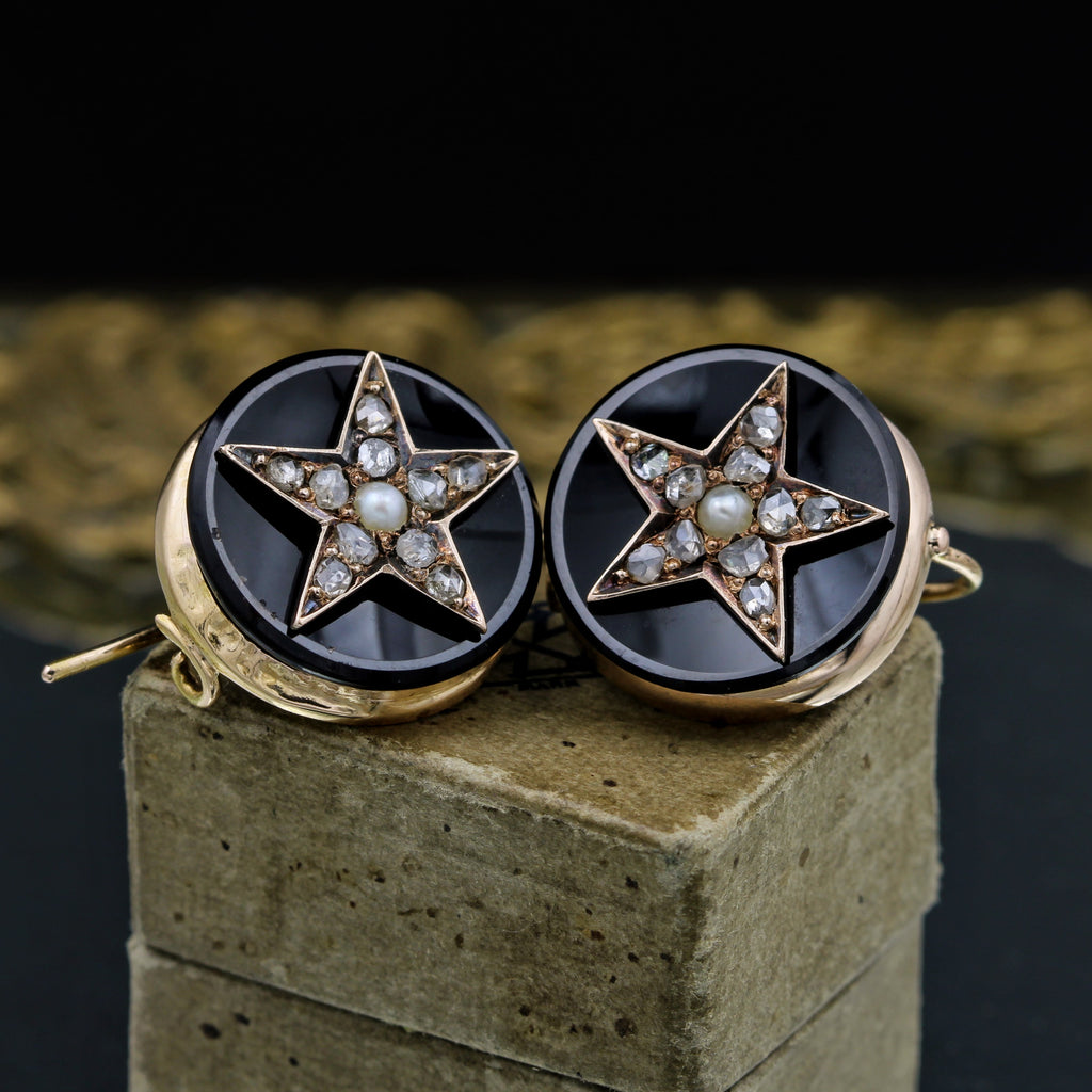Gold Earrings with Pearls and Diamond-Studded Stars