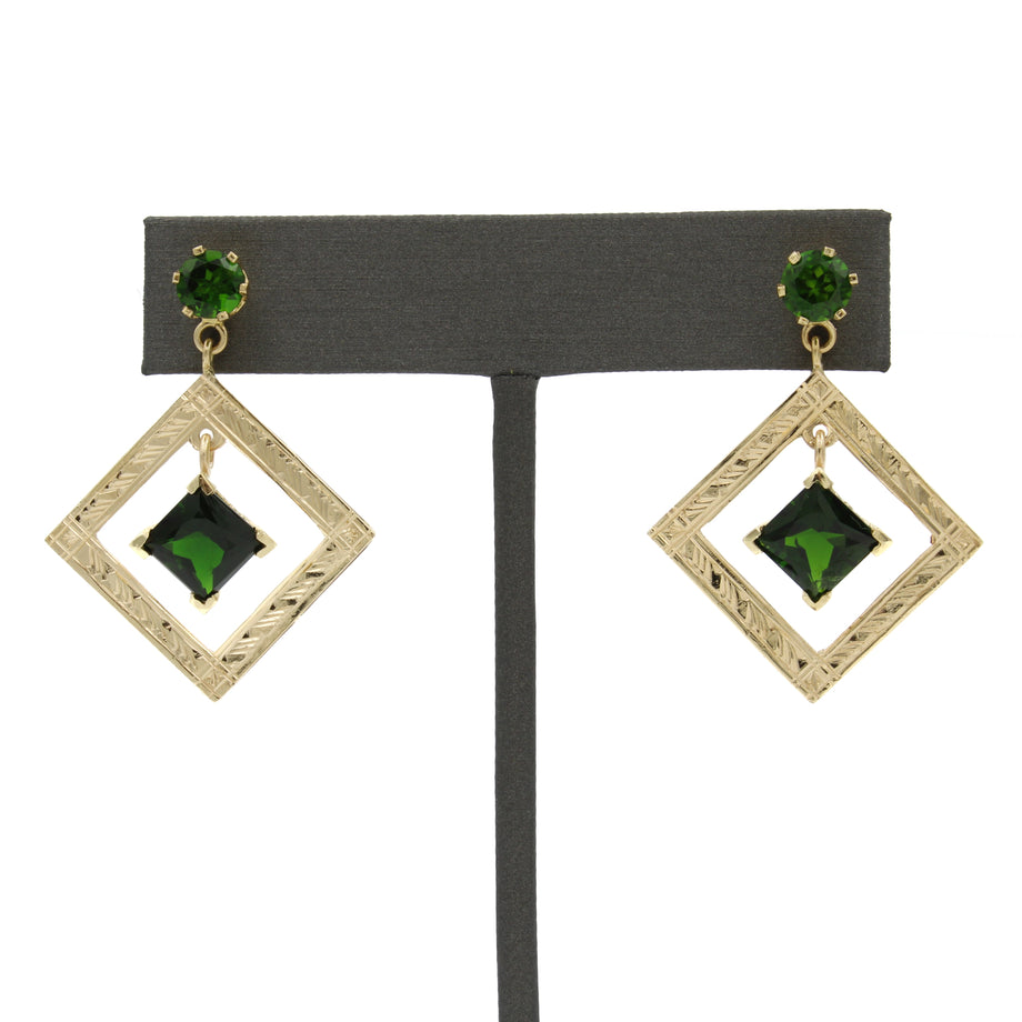 14k Yellow Gold Green Diopside Square Frame Dangle Earrings