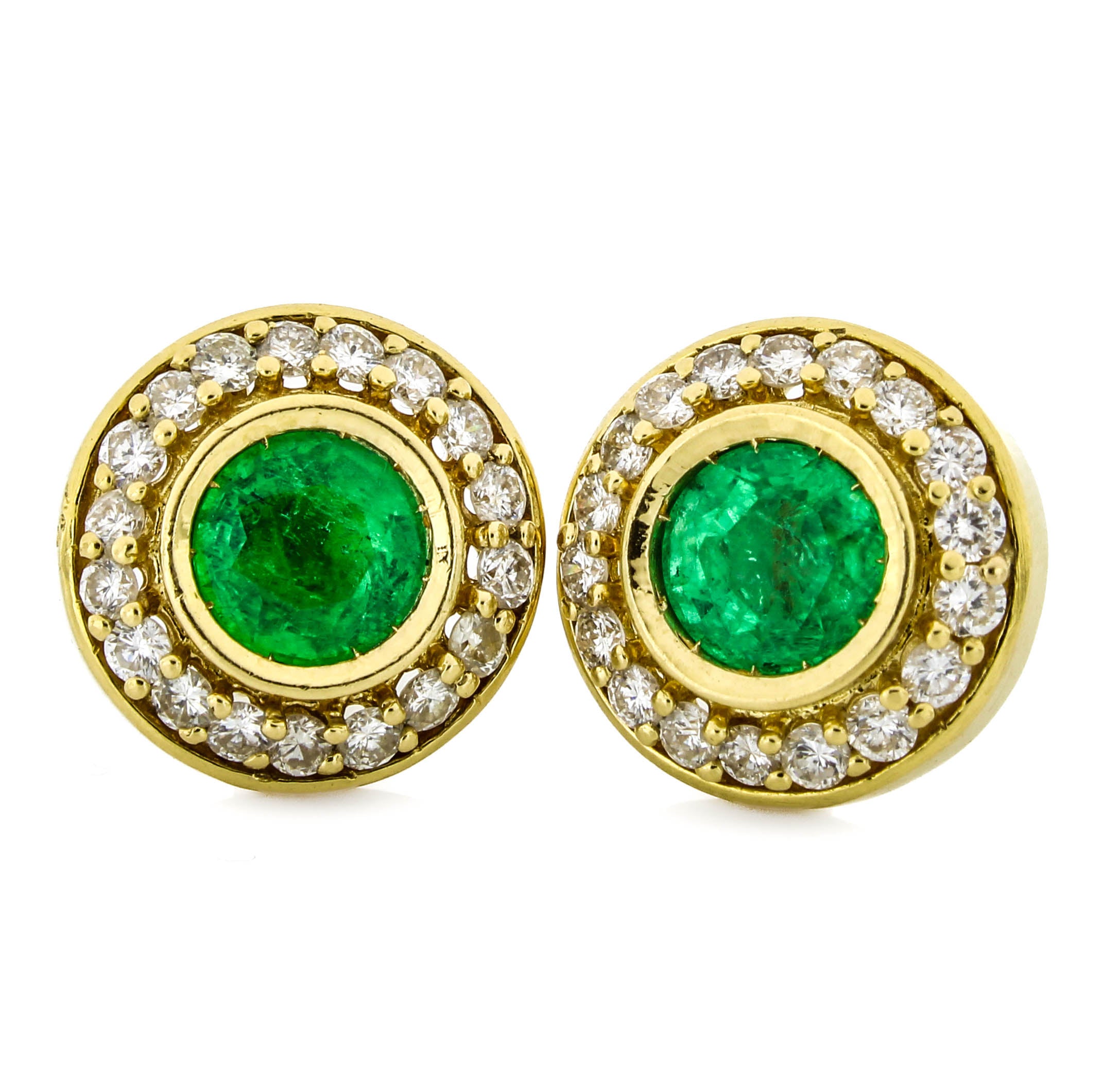 18k 14k Yellow Gold Emerald Diamond Round Stud - Main Image