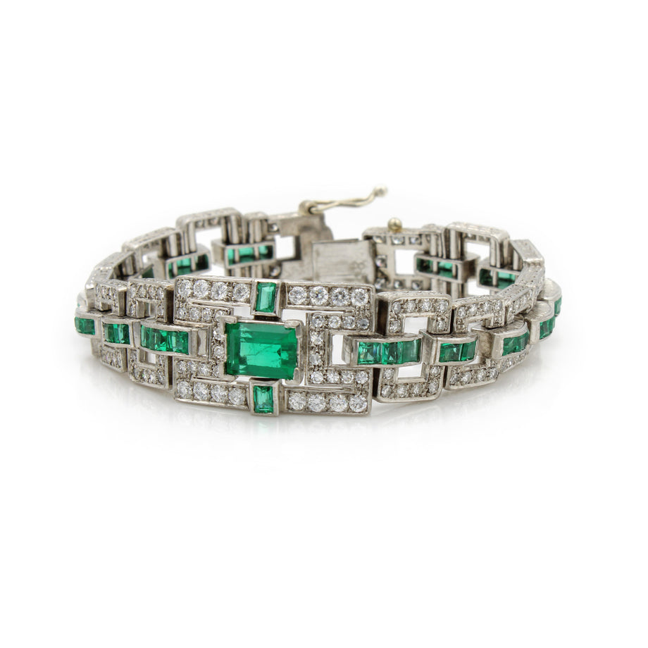18K White Gold Art Deco Genuine Emerald Diamond Link Sz