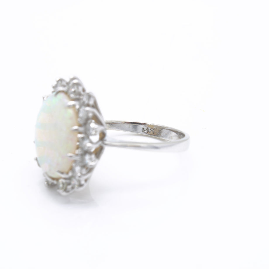 Vintage 14k White Gold Opal Single Cut Diamond Size 5.75