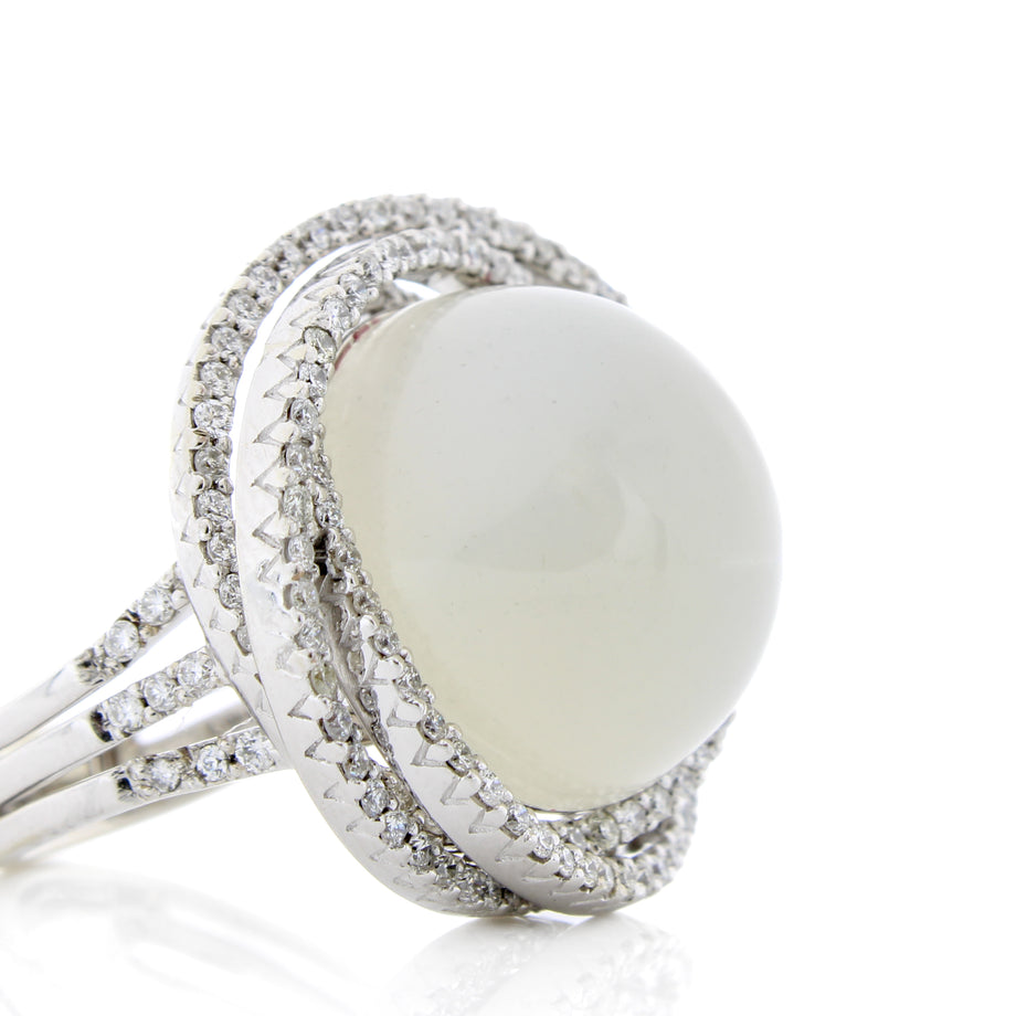 14k White Gold Cabochon Moonstone Diamond Cocktail Ring Size