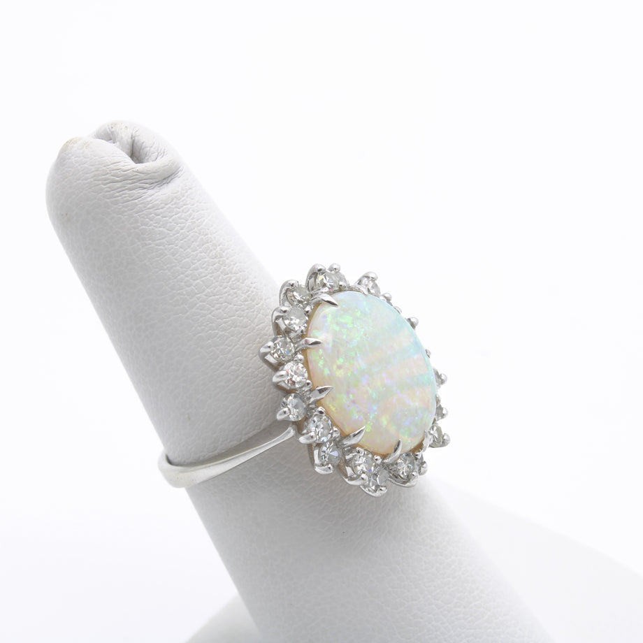 オパール✖️14金リング Vintage 14k White Gold Opal Single Cut Diamond Size 5.75