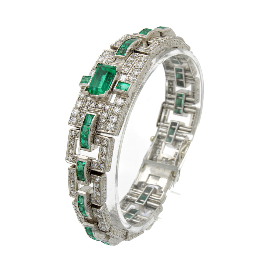 エメラルド DEX 18K White Gold Art Deco Genuine Emerald & Diamond Link Sz 7