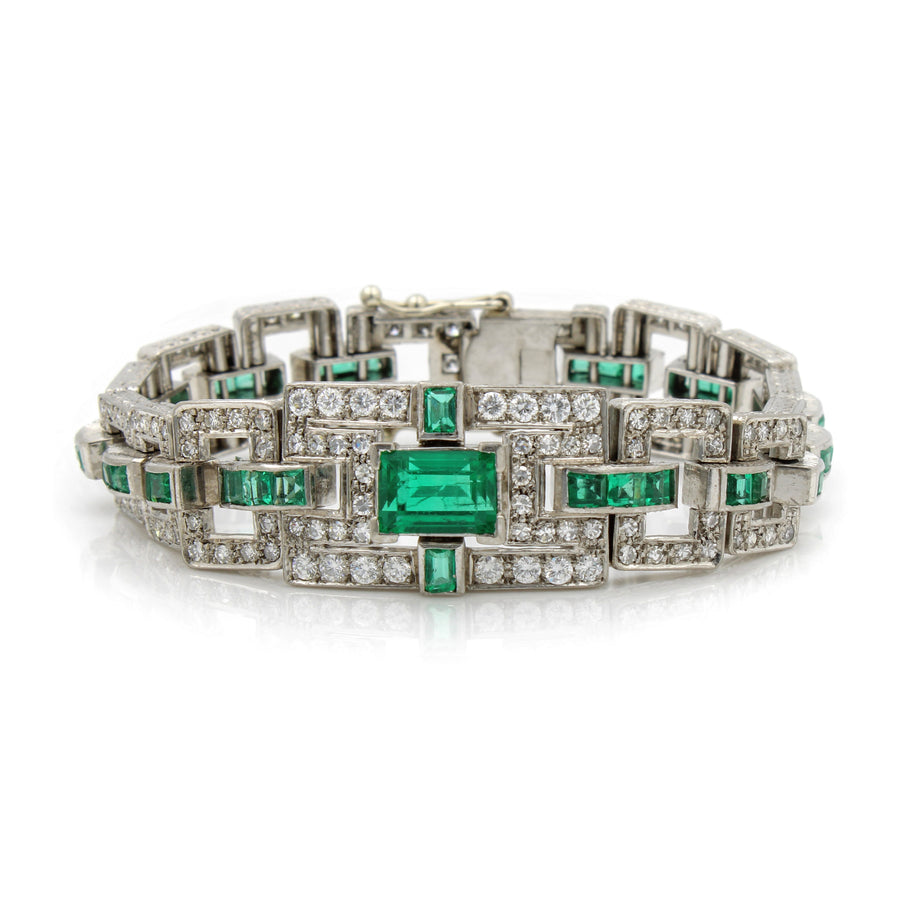18K White Gold Art Deco Genuine Emerald & Diamond Link Sz 7