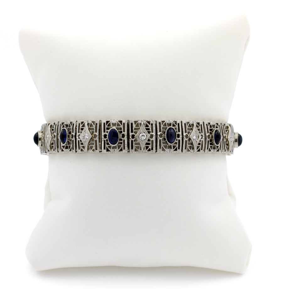 Art Deco 14k White Gold Diamond Sapphire Filigree Bracelet #J73329