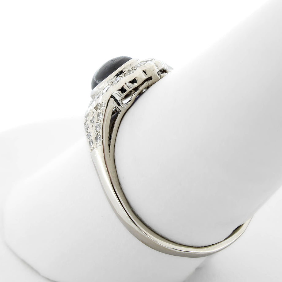 Vintage Platinum Sapphire Cabochon Single Cut Diamond Ring