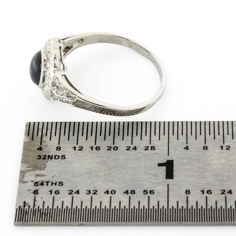 Vintage Platinum Sapphire Cabochon Single Cut Diamond Ring