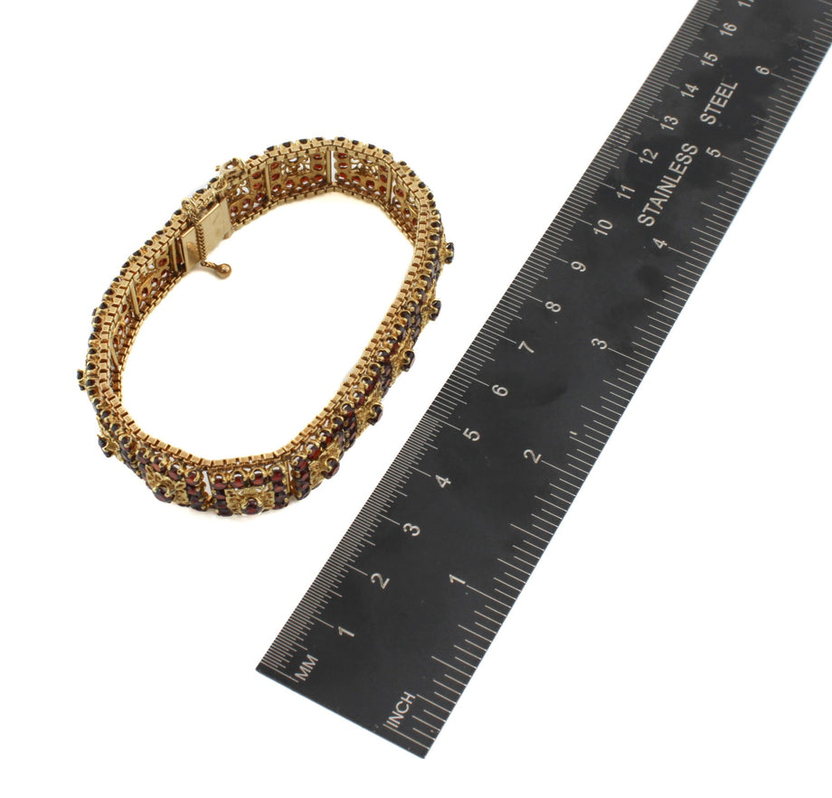 Vintage 18k Yellow Gold Garnet Italian Toliro Filigree Bracelet